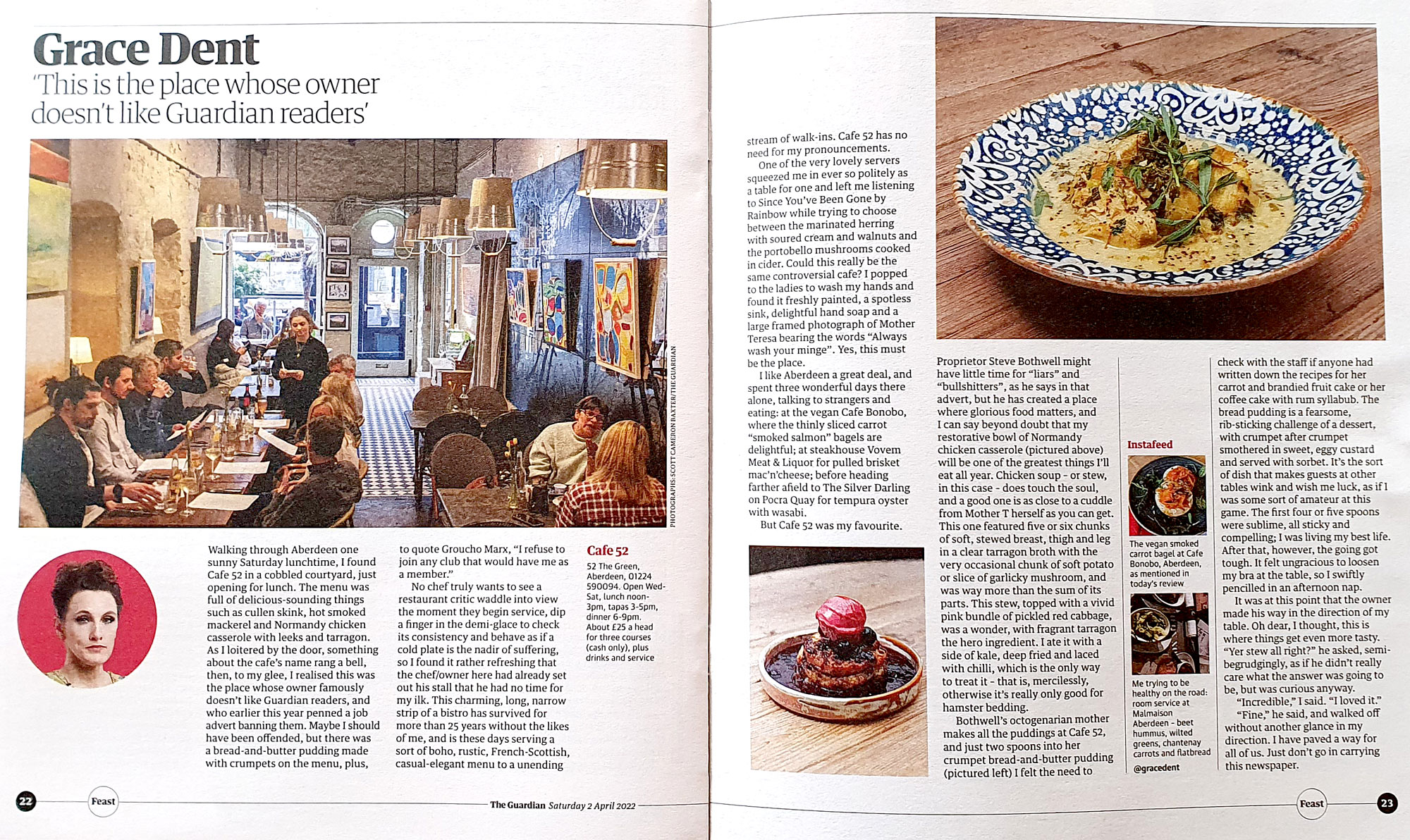 Press screenshot of The Guardian, Feast Magazine, Food Review of Cafe 52 Aberdeen by Grace Dent, showing photographs by Scott Cameron Baxter.