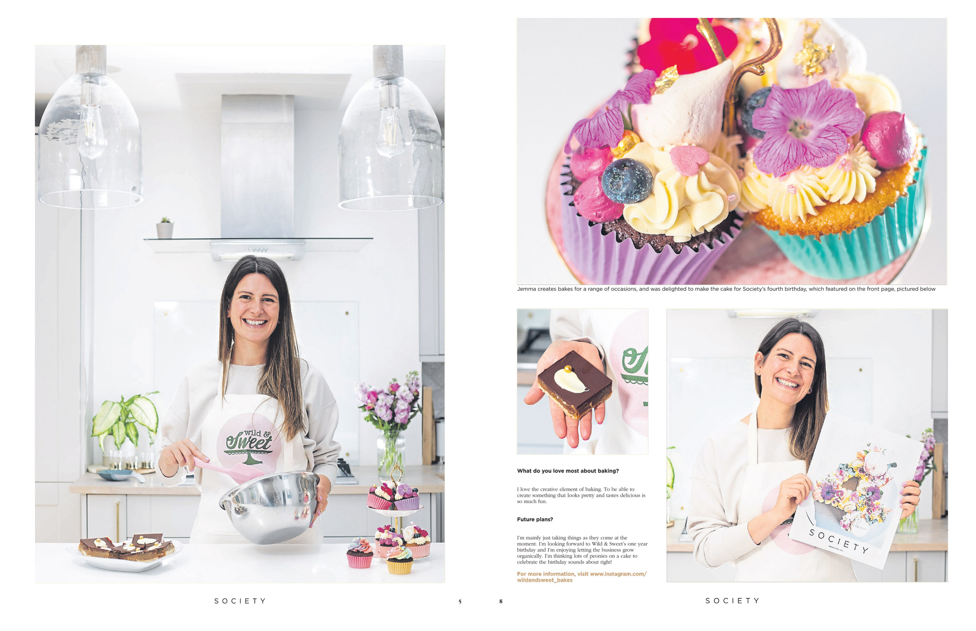 Pictures from SOCIETY Magazine show a baker in her home kitchen mixing cake batter and images of the cakes when baked, the cupcakes have flowers and berries ontop of buttercream icing. Press food and drink photographer photographs by Scott Cameron Baxter.