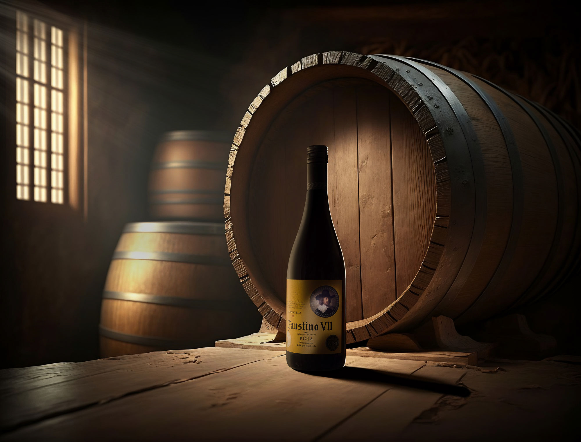 Photo of a bottle of wine in a wine cellar with barrels. the light is warm and light rays come from a window on the left which lights the bottle. Photo by Food drink and commercial aberdeen photographer scott cameron baxter