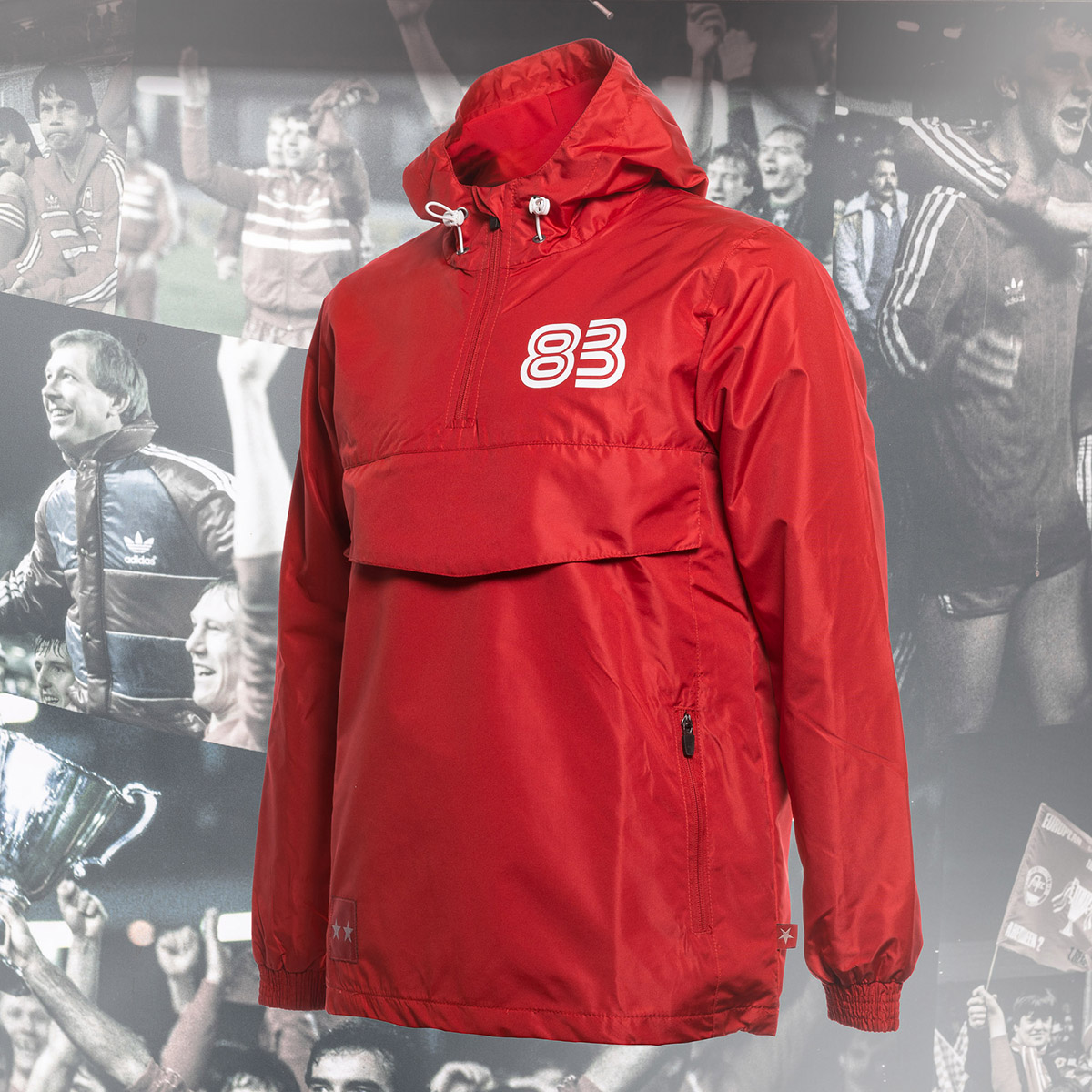 Aberdeen Commercial Photographer Aberdeen - Scott Cameron Baxter. Image shows a jacket by Aberdeen Football Club to celebrate the clubs 1983 victory over Real Madrid. A red jacket with a background of photographs from the game that day Aberdeen FC won the Cup Winners CUP UEFA.