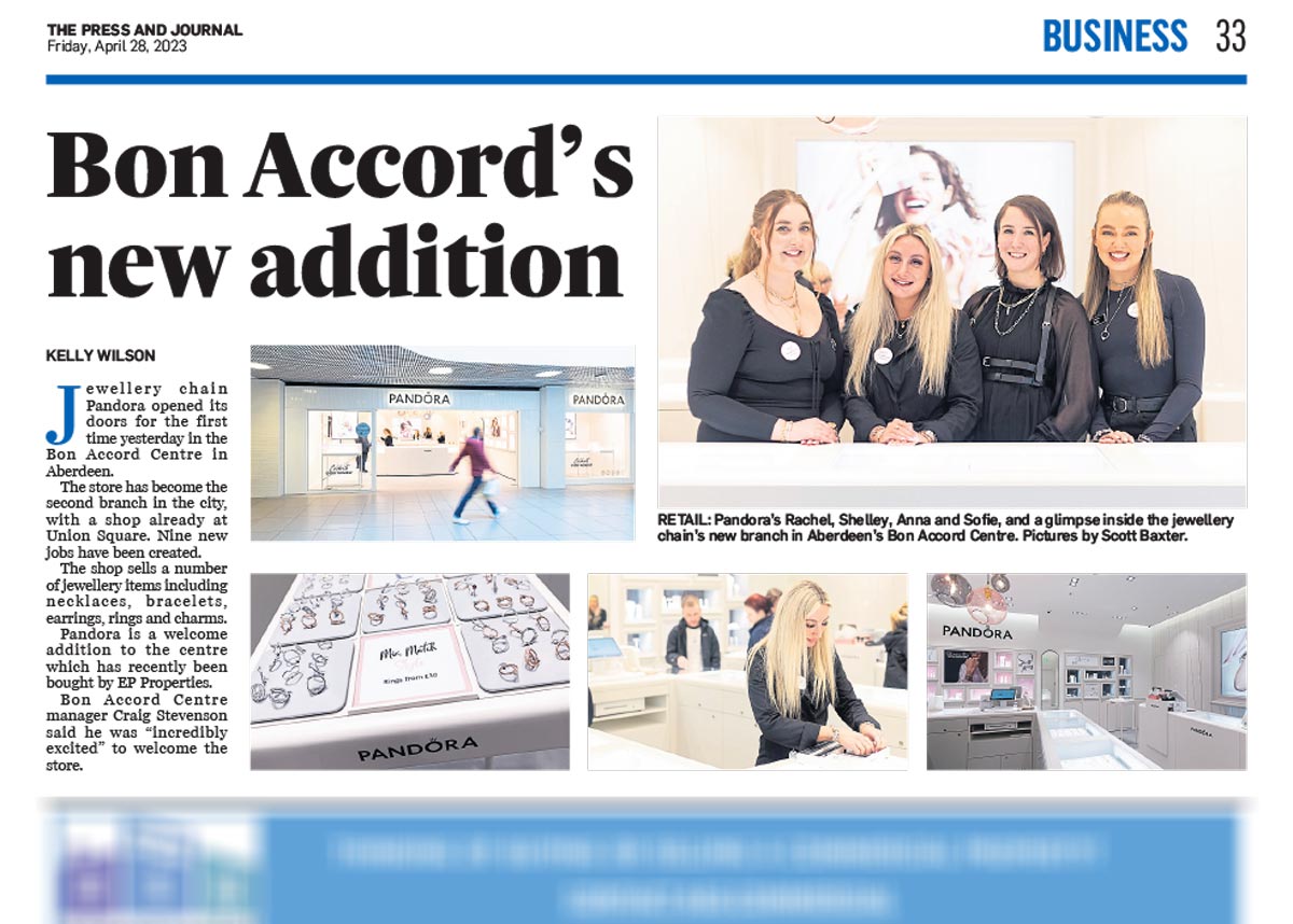 Press photographer aberdeen Scott Cameron Baxter, image shows a press cutting story of a Pandora store opening in the Bon Accord Centre, Aberdeen. There are 5 images on the page, showing staff, some goods and the shop front. Photographs by Aberdeen photographer Scott Cameron Baxter.