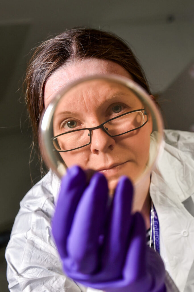 A female scientist wearing a white lab coat and purple gloves is looking directly through a petri dish. The light is moody and the image is tightly cropped and upright.