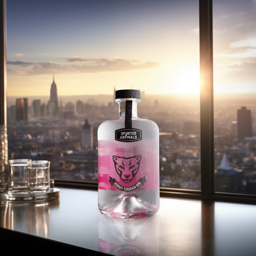 A bottle of gin by Spirited Animals called Horney Cougar. The bottle has a pink label, is on a solid metal surface on a countertop. The background is sunset in New York City.